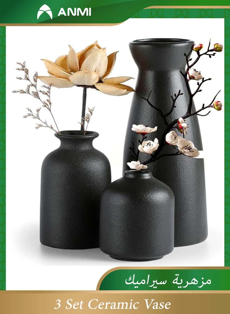 Anmi 3 Piece Black Ceramic Vase Set | Ramadan & Eid Home Decor | Pampas Grass Compatible Vases for Living Room Dining Table Office Bedroom - Image 1